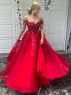 A-Line/Elegant Off-the-Shoulder Tulle Applique Sleeveless Floor-Length Prom Dresses by misshow.com