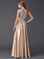A-Line/Elegant One-Shoulder Sleeveless Paillette Long Elastic Woven Satin Prom Dresses by misshow.com