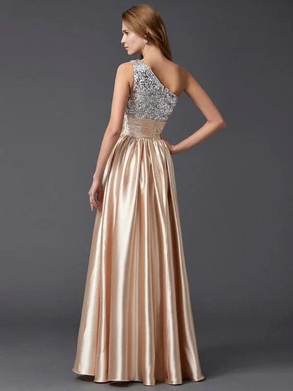 A-Line/Elegant One-Shoulder Sleeveless Paillette Long Elastic Woven Satin Prom Dresses by misshow.com