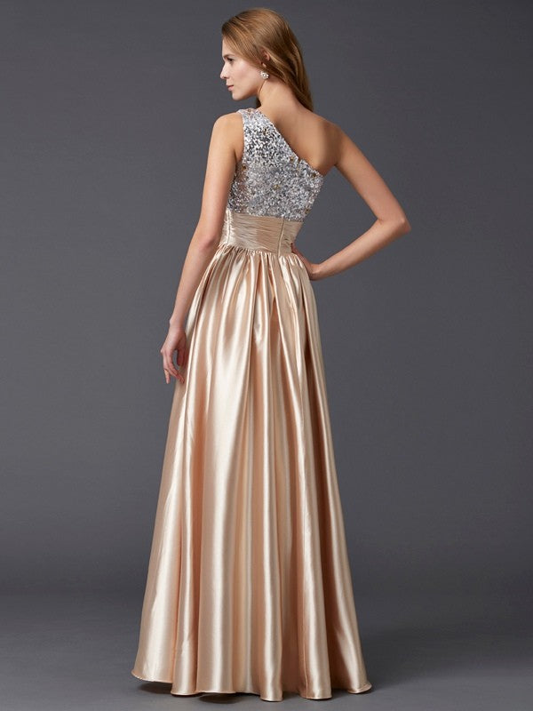 A-Line/Elegant One-Shoulder Sleeveless Paillette Long Elastic Woven Satin Prom Dresses Main Image