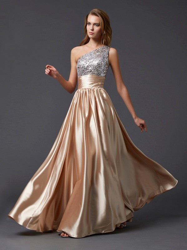 A-Line/Elegant One-Shoulder Sleeveless Paillette Long Elastic Woven Satin Prom Dresses Hover Image