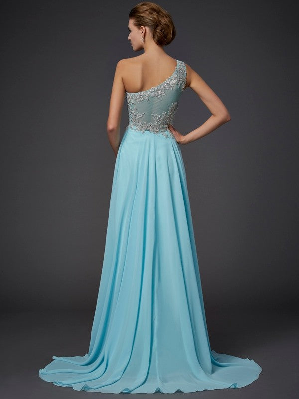 A-Line/Elegant One-Shoulder Sleeveless Ruffles Long Chiffon Prom Dresses Main Image