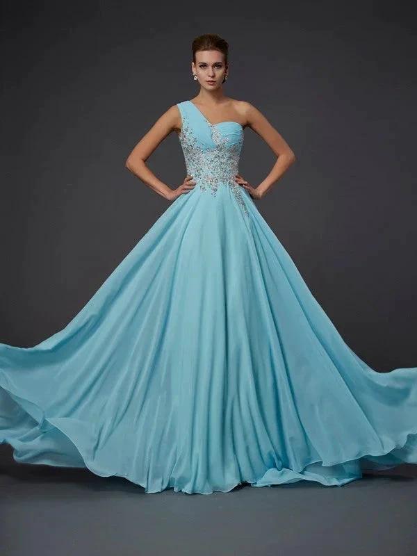 A-Line/Elegant One-Shoulder Sleeveless Ruffles Long Chiffon Prom Dresses by misshow.com