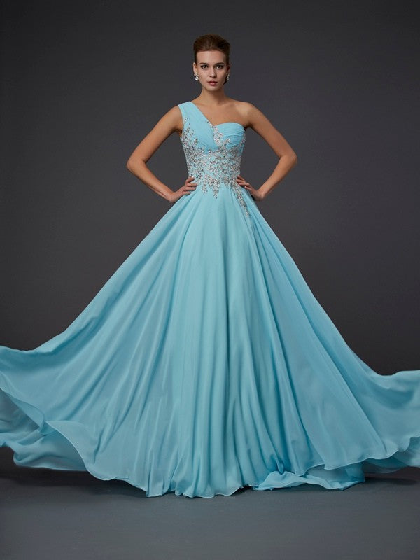A-Line/Elegant One-Shoulder Sleeveless Ruffles Long Chiffon Prom Dresses Hover Image