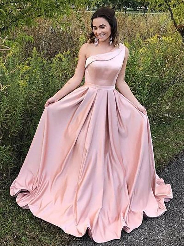 A-Line/Elegant One-Shoulder Sleeveless Ruffles Satin Prom Dresses Hover Image