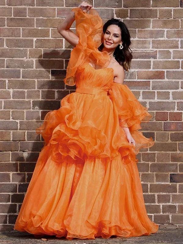 A-Line/Elegant Organza Off-the-Shoulder Layers Long Sleeves Floor-Length Prom Dresses by misshow.com