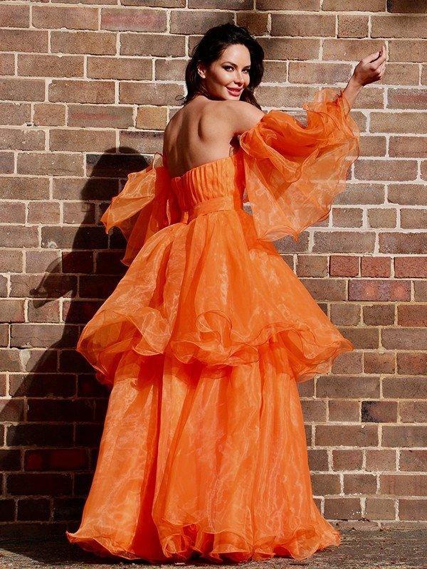 A-Line/Elegant Organza Off-the-Shoulder Layers Long Sleeves Floor-Length Prom Dresses by misshow.com