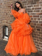 A-Line/Elegant Organza Off-the-Shoulder Layers Long Sleeves Floor-Length Prom Dresses by misshow.com