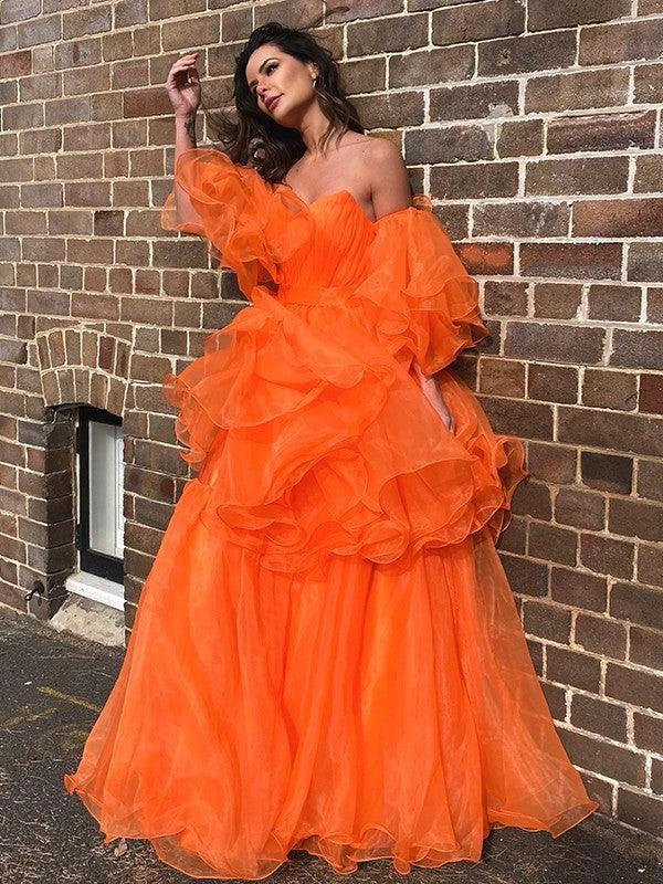 A-Line/Elegant Organza Off-the-Shoulder Layers Long Sleeves Floor-Length Prom Dresses by misshow.com