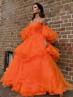 A-Line/Elegant Organza Off-the-Shoulder Layers Long Sleeves Floor-Length Prom Dresses by misshow.com