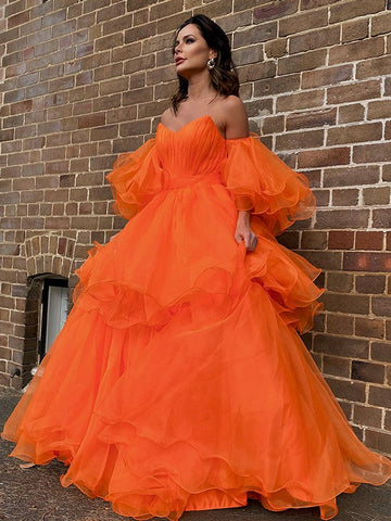 A-Linie/Elegant Organza Schulterfrei Lagen Lange Ärmel Bodenlang Ballkleider