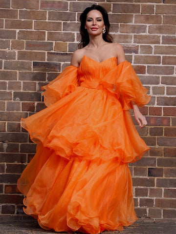 A-Linie/Elegant Organza Schulterfrei Lagen Lange Ärmel Bodenlang Ballkleider