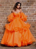 A-Line/Elegant Organza Off-the-Shoulder Layers Long Sleeves Floor-Length Prom Dresses by misshow.com