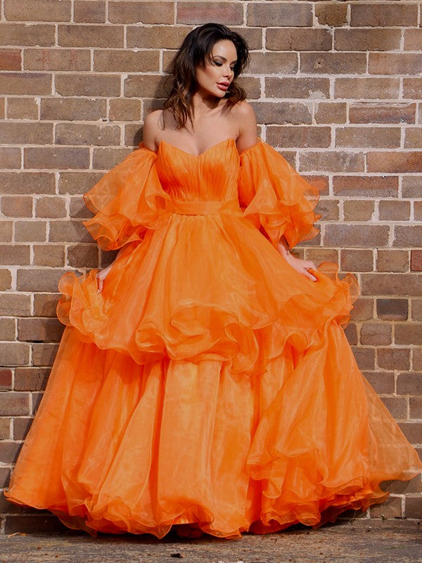A-Line/Elegant Organza Off-the-Shoulder Layers Long Sleeves Floor-Length Prom Dresses Hover Image