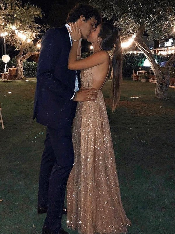 A-Line/Elegant Paillette Tulle V-neck Floor-Length Sleeveless Prom Dresses Main Image