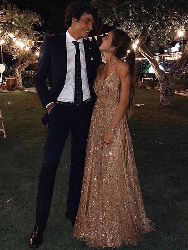 A-Line/Elegant Paillette Tulle V-neck Floor-Length Sleeveless Prom Dresses Hover Image