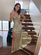 A-Line/Elegant Ruched Sequins Sleeveless Halter Prom Dresses by misshow.com
