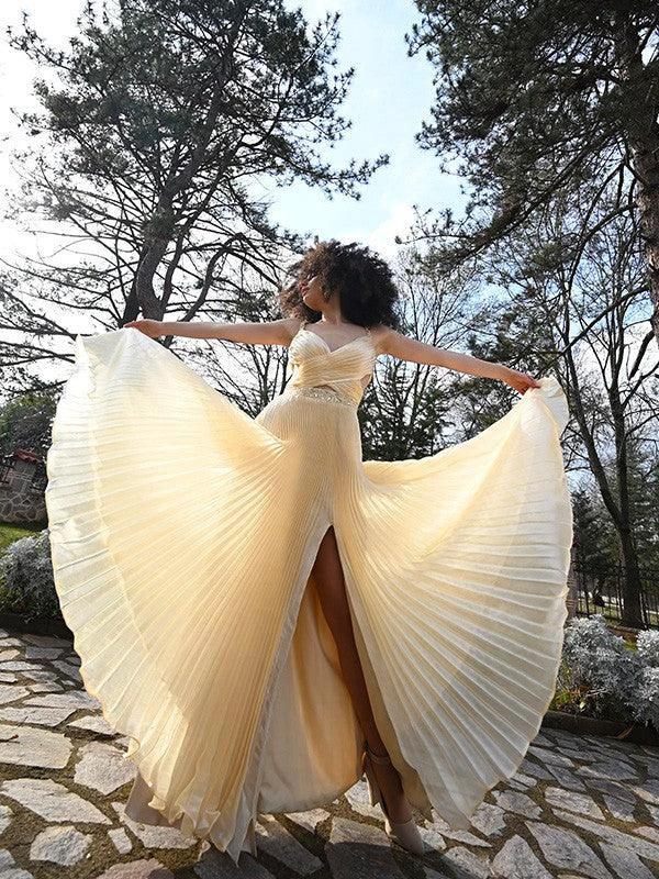 A-Line/Elegant Ruffles Satin Sleeveless V-neck Prom Dresses by misshow.com