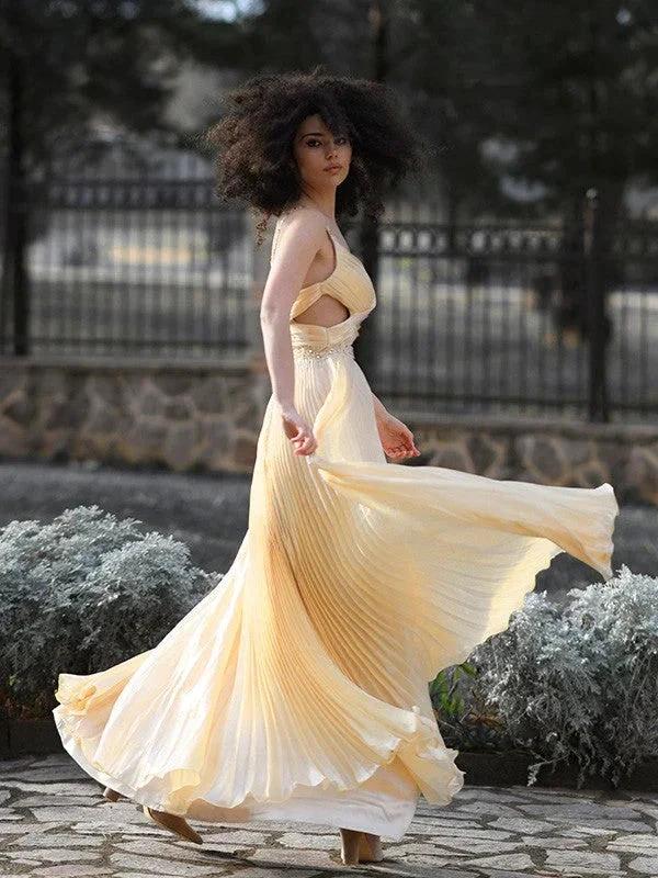 A-Line/Elegant Ruffles Satin Sleeveless V-neck Prom Dresses by misshow.com
