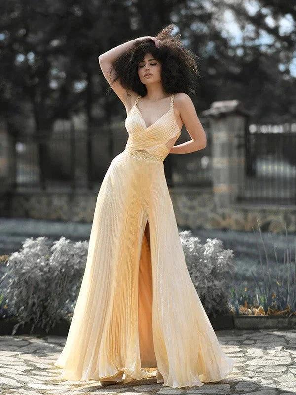 A-Line/Elegant Ruffles Satin Sleeveless V-neck Prom Dresses by misshow.com