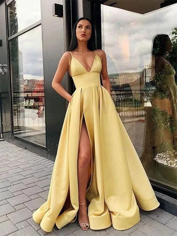 A-Line/Elegant Ruffles Satin Spaghetti Straps Sleeveless Floor-Length Prom Dresses by misshow.com