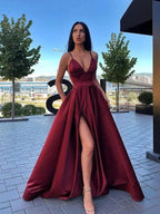 A-Line/Elegant Ruffles Satin Spaghetti Straps Sleeveless Floor-Length Prom Dresses by misshow.com