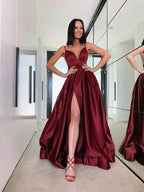 A-Line/Elegant Ruffles V-neck Satin Sleeveless Prom Dresses by misshow.com