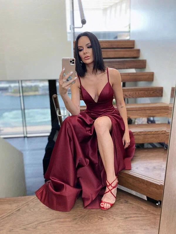A-Line/Elegant Ruffles V-neck Satin Sleeveless Prom Dresses by misshow.com