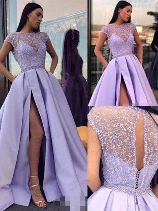 A-Line/Elegant Satin Beading Scoop Short Sleeves Prom Dresses by misshow.com