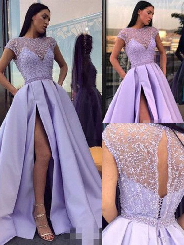 A-Line/Elegant Satin Beading Scoop Short Sleeves Prom Dresses Main Image
