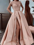 A-Line/Elegant Satin Beading Scoop Short Sleeves Prom Dresses by misshow.com