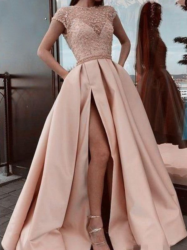 A-Line/Elegant Satin Beading Scoop Short Sleeves Prom Dresses Hover Image