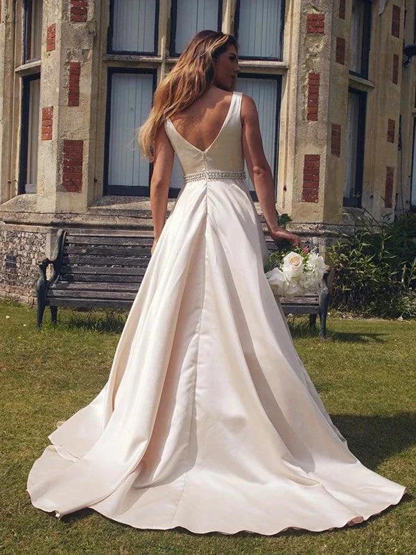 A-Line/Elegant Satin Beading V-neck Sleeveless Prom Dresses by misshow.com