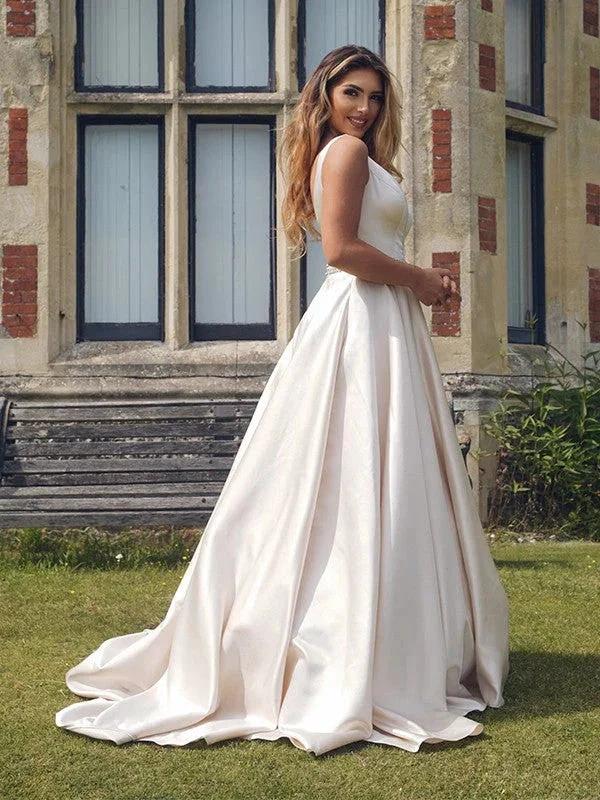 A-Line/Elegant Satin Beading V-neck Sleeveless Prom Dresses by misshow.com