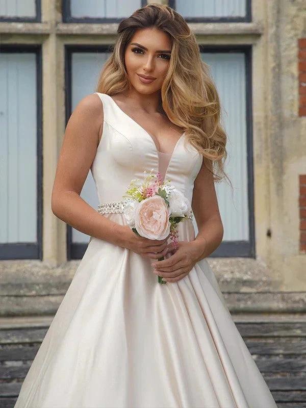 A-Line/Elegant Satin Beading V-neck Sleeveless Prom Dresses by misshow.com
