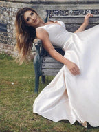 A-Line/Elegant Satin Beading V-neck Sleeveless Prom Dresses by misshow.com