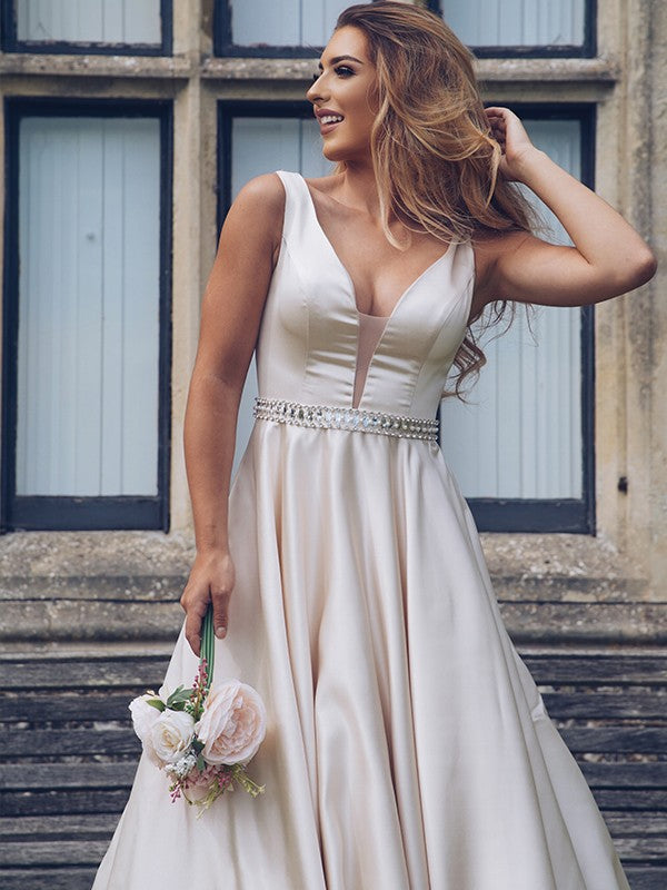 A-Line/Elegant Satin Beading V-neck Sleeveless Prom Dresses Hover Image