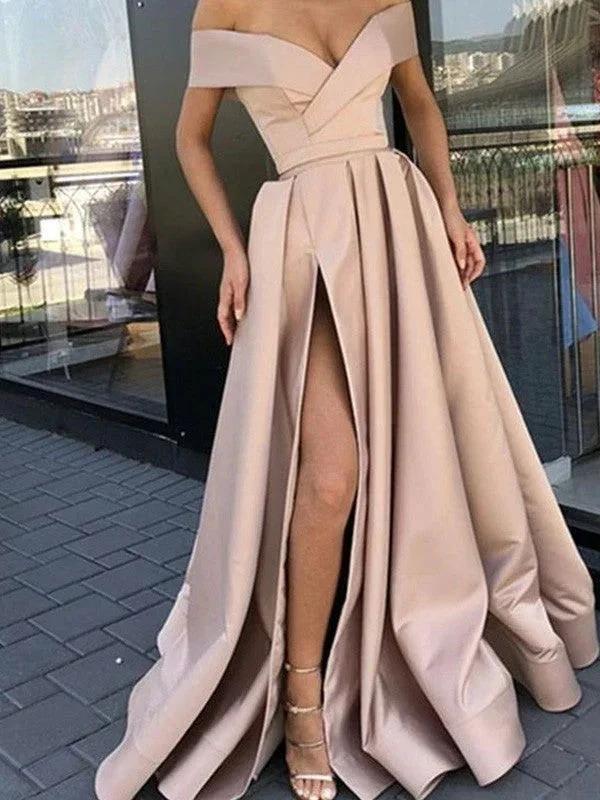 A-Line/Elegant Satin Ruffles Off-the-Shoulder Sleeveless Prom Dresses by misshow.com
