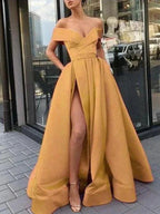 A-Line/Elegant Satin Ruffles Off-the-Shoulder Sleeveless Prom Dresses by misshow.com
