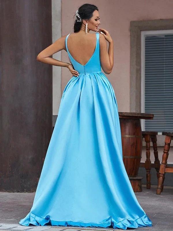 A-Line/Elegant Satin Ruffles V-neck Sleeveless Asymmetrical Prom Dresses by misshow.com