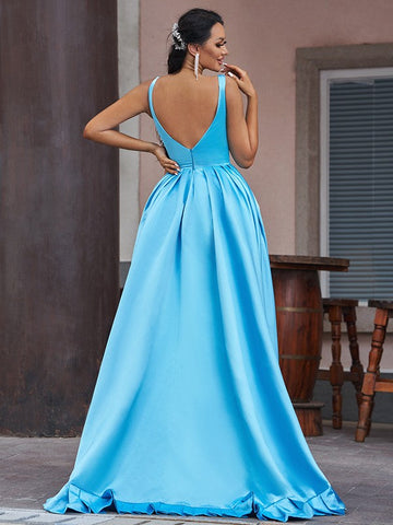 A-Linie/Elegant Satin Rüschen V-Ausschnitt Ärmellos Asymmetrisch Ballkleider