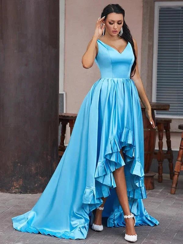 A-Line/Elegant Satin Ruffles V-neck Sleeveless Asymmetrical Prom Dresses by misshow.com