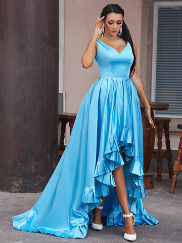 A-Linie/Elegant Satin Rüschen V-Ausschnitt Ärmellos Asymmetrisch Ballkleider