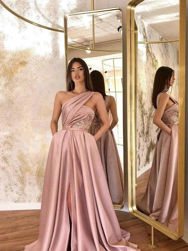 A-Line/Elegant Satin Sleeveless Ruched One-Shoulder Prom Dresses by misshow.com
