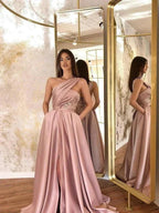 A-Line/Elegant Satin Sleeveless Ruched One-Shoulder Prom Dresses by misshow.com