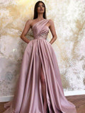 A-Line/Elegant Satin Sleeveless Ruched One-Shoulder Prom Dresses by misshow.com