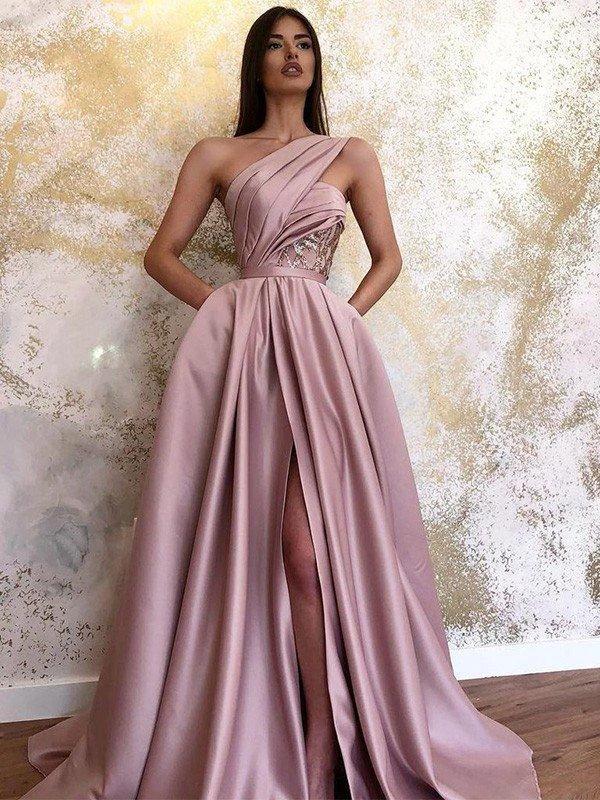 A-Line/Elegant Satin Sleeveless Ruched One-Shoulder Prom Dresses by misshow.com