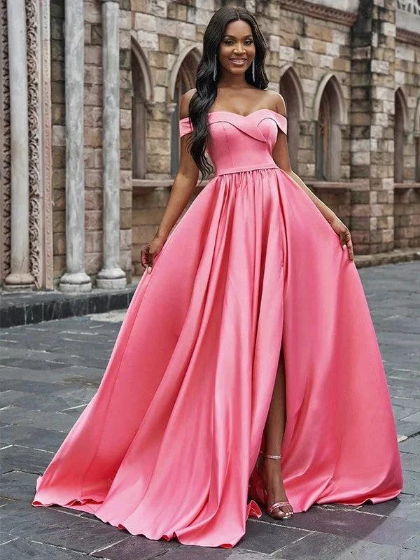 A-Line/Elegant Satin Sleeveless Ruffles Off-the-Shoulder Court Train Prom Dresses by misshow.com