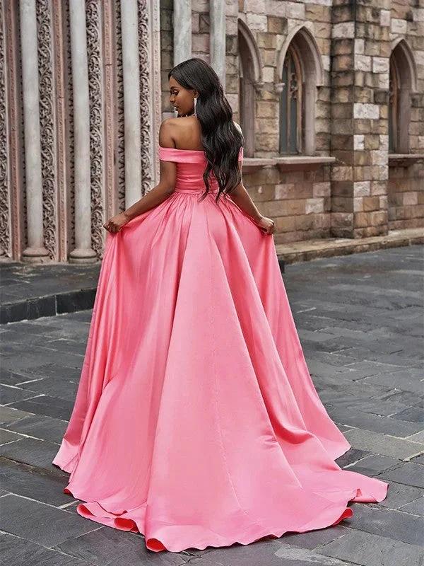 A-Line/Elegant Satin Sleeveless Ruffles Off-the-Shoulder Court Train Prom Dresses by misshow.com