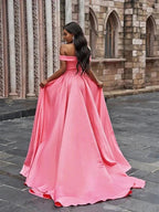 A-Line/Elegant Satin Sleeveless Ruffles Off-the-Shoulder Court Train Prom Dresses by misshow.com